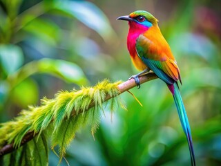 Obraz premium A Colorful, Medium-Sized Bird With A Long Tail And Vibrant Plumage Perches On A Branch Against A Blurred Background Of Lush Greenery.