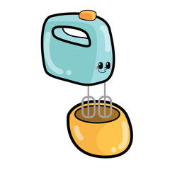 Cute illustration of green mixer and yellow bowl. Illustration of cookware logo and icon design