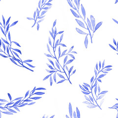 Seamless pattern in Toile de Jouy fabric style with blue branches of plants. Hand drawn monochrome watercolor painting illustration isolated on white background