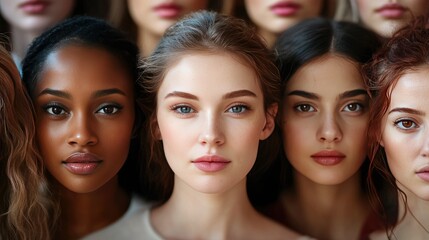 Obraz premium A diverse group of women with various expressions, ideal for creating a unique social media profile image.