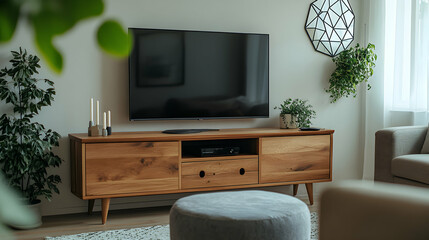 Modern living room interior with TV, plants and wooden furniture.