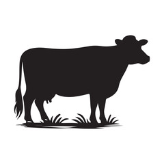 Silhouette of Cow, silhouette or illustration of a cow or buffalo, Ideal for farm, ranch branding. Perfect for logos, decals. Black, white background. 