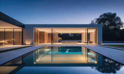 Obraz premium A modern home with a large pool at dusk