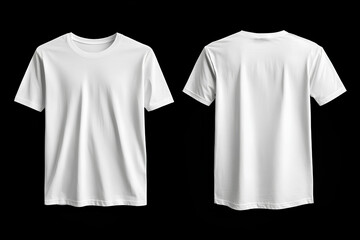 A plain white t-shirt displayed from the front and back on a black background.