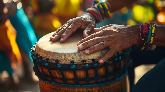 Close up of Musician s Hands Playing Vibrant Conga Drum on Stage