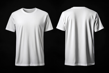 A plain white t-shirt displayed from front and back views on a black background.