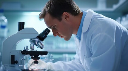A lab technician analyzing cell structures under a microscope, illustrating the precision required in research.
