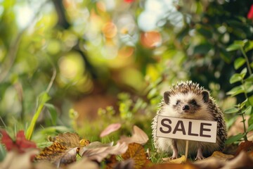 Obraz premium A cute hedgehog stands in a forest clearing, holding a sign that reads SALE, surrounded by fallen leaves