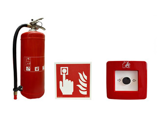 Fototapeta premium fire extinguisher, fire alarm button and safety sign isolated on white background