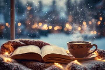 Cozy Winter Scene with a Cup of Tea, Book, and Lights