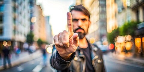 A defiant hand gesture, middle finger raised, against a blurred urban background, capturing a bold, provocative, and rebellious attitude with a hint of humor.