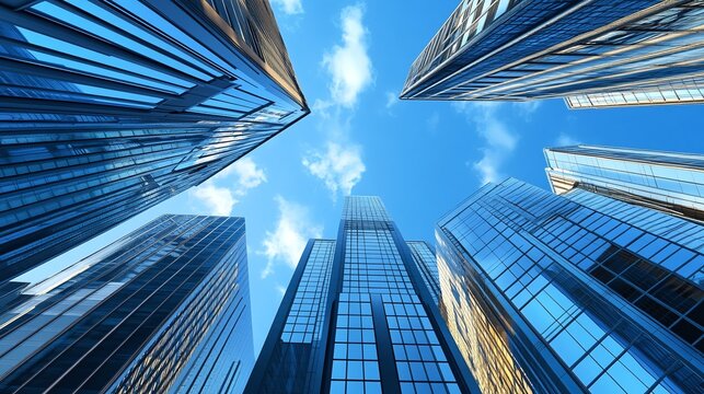 modern highrise skyscrapers and glass towers with bright clean architecture in a corporate business environment under blue sky showcasing urban skyline and professional offices