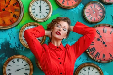 A woman in a red shirt leans back against a wall adorned with clocks, her eyes closed and a serene expression on her face