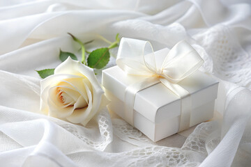 A beautiful white rose and a gift box on soft white cloth