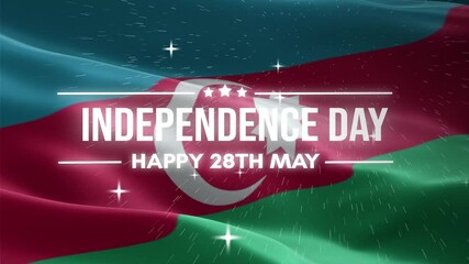 Azerbaijan Independence Day, Happy May 28 Lettering text animation, waving flag background, fireworks