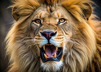 Fototapeta premium A Detailed Close Up Of A Roaring Lion'S Face Showing Its Sharp Teeth And Mane