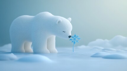 Fototapeta premium Serene Arctic White Polar Bear with Blue Snowflake in Minimalist Cinematic Scene