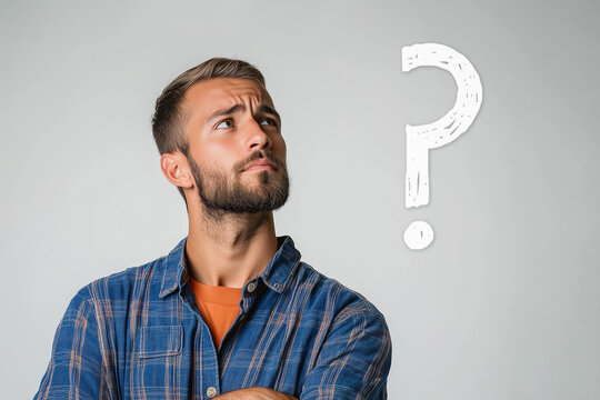 A thoughtful man with a question symbol next to him, symbolizing reflection, problem-solving, and facing challenges. For question or problem concepts.