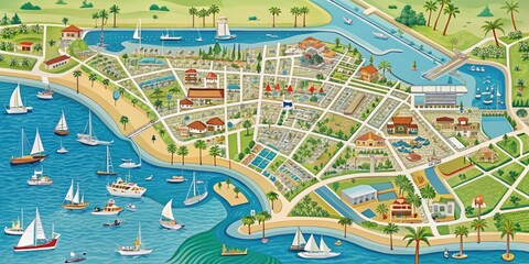 Obraz premium A Detailed Map Of Newport Beach, California, Featuring Streets, Landmarks, And Bodies Of Water.