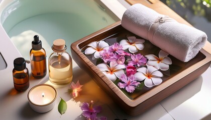 Relaxing spa setting with candles, roses, and towels. Soft lighting creates a warm and inviting atmosphere.
