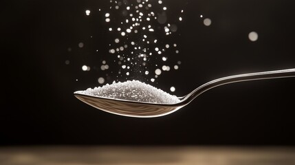 A spoon of sugar on a solid background.