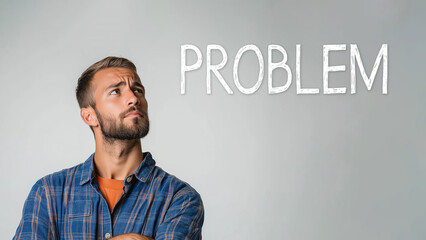 A portrait of a man appearing deep in thought, with the word "PROBLEM" next to him against a light backdrop. For questions and problem concepts.