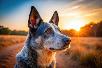 A dusty blue heeler dog stands alertly in a sun-drenched Australian outback landscape, ears perked, eyes fixed intently on something in the distance.