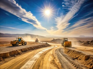 A Dusty Dirt Road Winds Its Way Through A Dry, Sun-Bleached Landscape, Construction Equipment Parked Alongside Under The Blazing Sun
