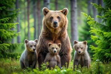 Obraz premium A Fierce Mama Bear Stands Protectively Over Her Cubs In A Lush Green Forest