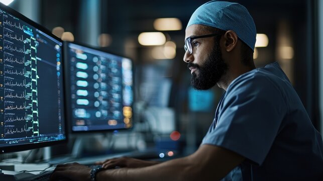 Focused healthcare professional analyzing medical data on multiple monitors in a modern hospital environment.