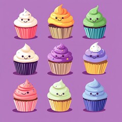 Nine colorful cupcakes smiling on purple background