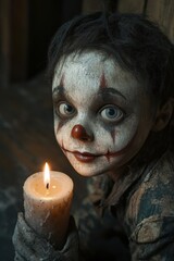 Eerie Child Clown Holding Candle in Dark Setting