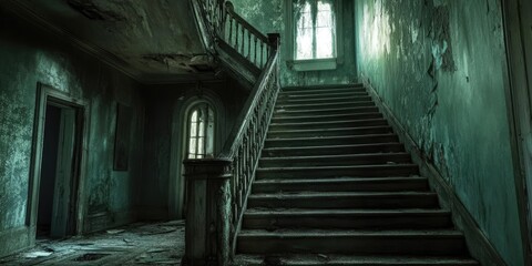 Obraz premium A decaying staircase in a deserted mansion.
