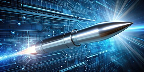 A futuristic 3D illustration of a silver bullet piercing through a digital image, symbolizing innovative ideas and technological advancement in a futuristic cyber world.