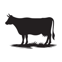 Silhouette of Cow, silhouette or illustration of a cow or buffalo, Ideal for farm, ranch branding. Perfect for logos, decals. Black, white background. 