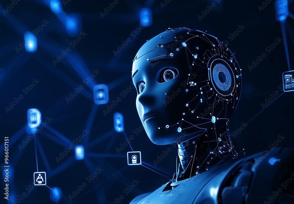 Poster a digital brain with a humanoid face processing big data, analyzing information. technology backgrou