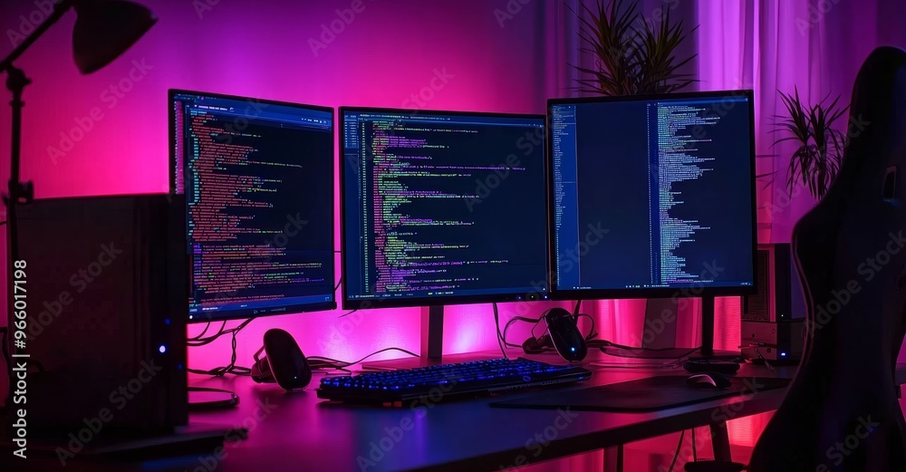 Aufkleber an empty software developer's office work space with a desk that includes multiple computer screens,
