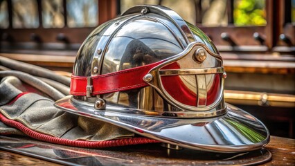 Fototapeta premium A gleaming silver helmet with a black visor and bold, red stripe sits atop a worn, leather-bound fire helmet with brass insignia.