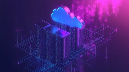 Fototapeta premium 3D cloud computing servers with glowing lines and pink light.