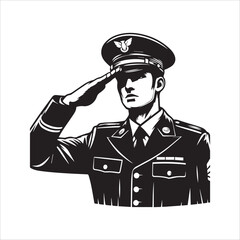 Young adult in military uniform salutes vector illustation silhouette