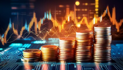 Stacks of coins on a circuit board with financial data in the backgroun