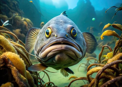 A grotesque, corpulent fish with bulging eyes and a slack-jawed expression, swimming in murky waters with tangled seaweed and decaying ocean floor debris.
