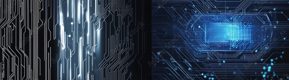 Poster holographic light on a microchip. electronic computer hardware technology on a circuit board. a 3d r