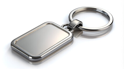 a high-quality close-up of a blank metal keychain on a clean white background, with a smooth reflective surface ready for customization