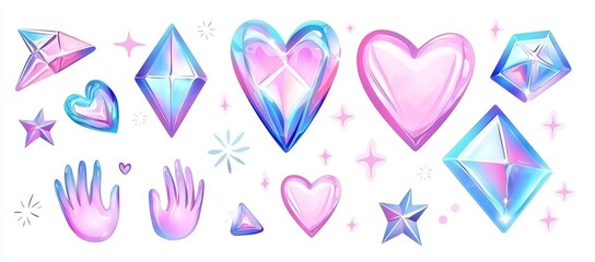 A three-dimensional abstract holographic form and simple objects in volumetric shapes with a Y2K theme isolated on a white background