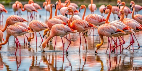 A Group Of Pink Flamingos Standing In A Shallow Lake With Their Heads Submerged In The Water, Searching For Food.