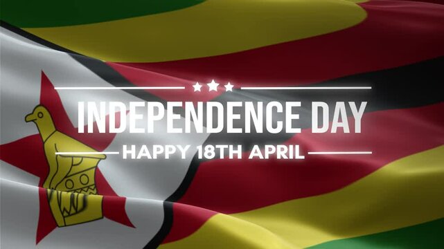 Zimbabwe Independence Day, Happy April 18 Lettering text animation, waving flag background, fireworks