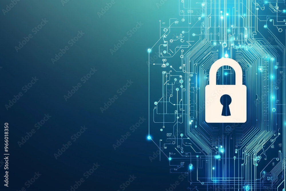 Poster technology, security, and cyber protection concept with front view of padlock binary code printed on