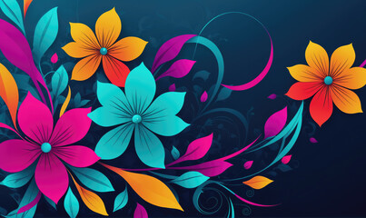 Colorful flowers bloom on a dark background, creating a vibrant and cheerful image