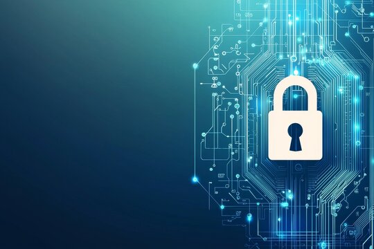Technology, security, and cyber protection concept with front view of padlock binary code printed on circuit surface. 3D rendered mockup with place for advertising.